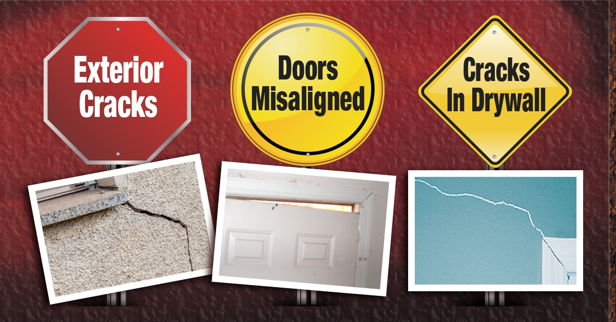 signs and symptoms of foundation damage: exterior cracks, doors misaligned, cracks in drywall